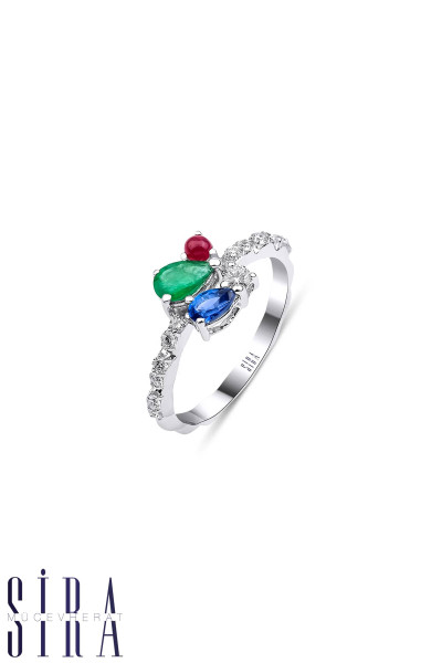 Zümrüt, Safir ve Yakut Yüzük - Beyaz Altın